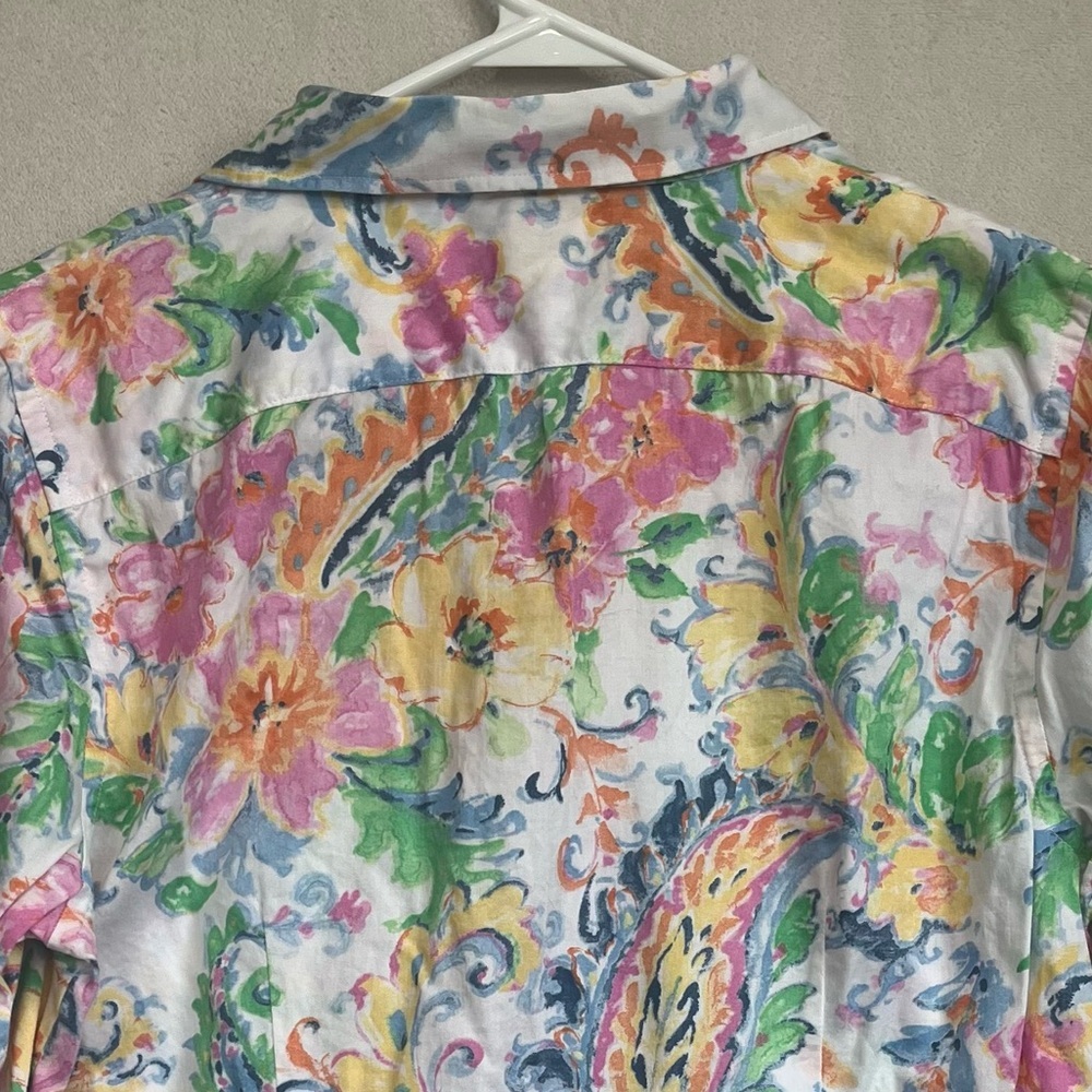 Lauren Ralph Lauren Colorful Floral Paisley Button Up Shirt Sz 12 Peplum Office - Picture 13 of 16